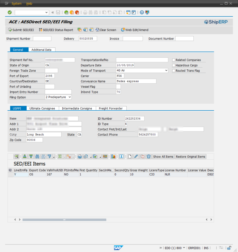 ShipERP Screen: AESDirect Filing processing