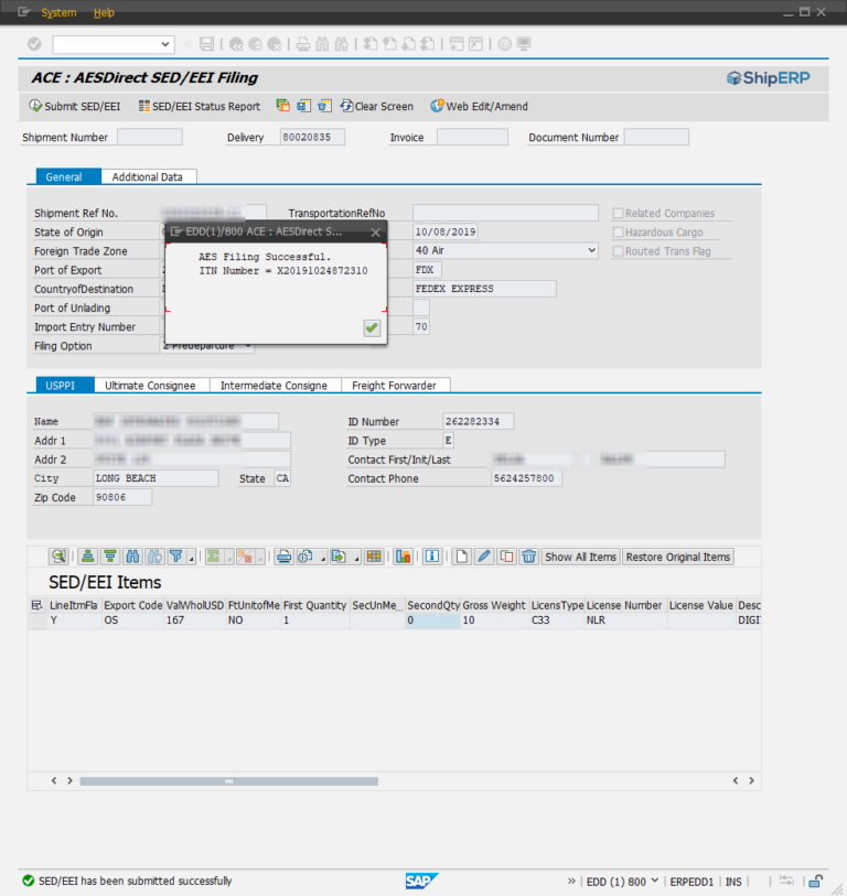ShipERP Screen: AESDirect Filing