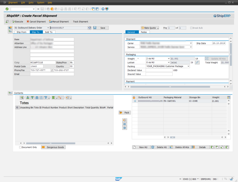 ShipERP Screen: Create new parcel shipment in EWM