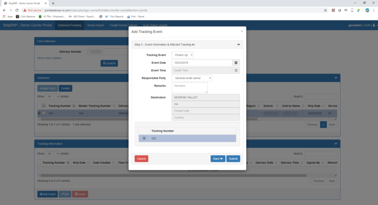 ShipERP Screen: add a tracking event